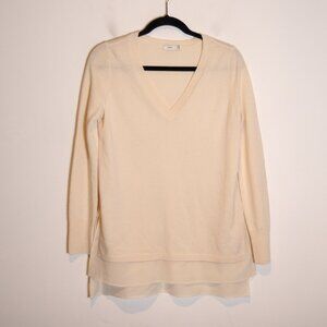 Vince V Neck Sweater Wool Cashmere Blend XS Silk Layered Blouse Hem Beige Tunic